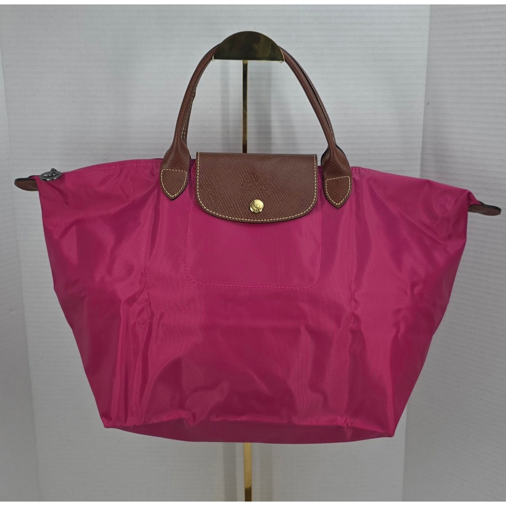 Longchamp Le Pliage Medium Tote Bag Pink Nylon Brown‎ Leather Trim 1623089C88